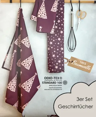 Produktbild von heimtexland ® Geschirrtücher 3er Set 50x70 Trockentücher 100% Baumwolle Küchenhandtücher Weihnachten Typ834 Beere-Rosa
