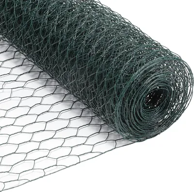 A roll of green hexagonal wire mesh fencing is shown on a white background.