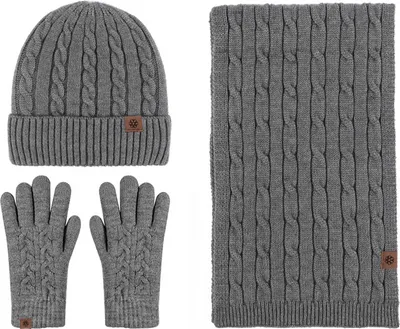 Produktbild von Winterwarmer Strickschal, Beanie-Mütze und Handschuhe im Set, weicher Stretch-Hut, Schal und Fäustlinge für Herren und Damen,Dunkelgrau