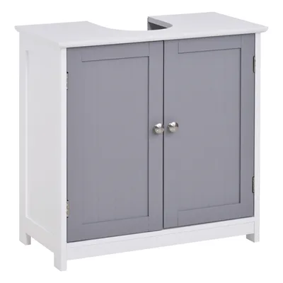 Image de kleankin Meuble salle de bain sous lavabo - meuble sous-vasque - placard 2 portes avec étagère - dim. 60L x 30l x 60H cm - en bois gris blanc