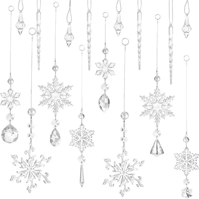 Produktbild von Kristall-Christbaumschmuck, Schneeflocken-Dekorationen, Eiszapfen-Tropfen-Ornament-Sets, Kristall-Weihnachtsschmuck mit Seil, Acryl-Christbaumschmuck (16 Stück, niedlicher Stil)