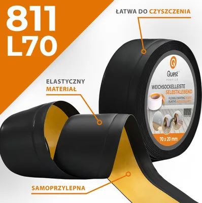 Zdjęcie produktu dla QUEST Listwa przypodłogowa PCV 70x20mm, 1m, samoprzylepna elastyczna, miękka listwa podłogowa, cokołowa, czarny