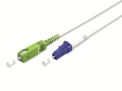 Image de Goobay 59607 Câble à fibre optique (FTTH), monomode (OS2) blanc, blanc (simplex), 0,5 m fibre optique (FO), connecteur SC-APC (8°) > connecteur LC-UPC, gaine de câble sans halogène (LSZH)