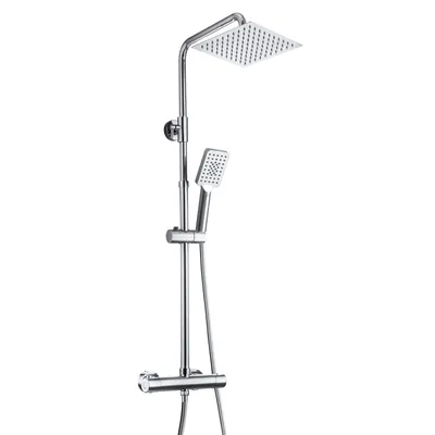 A chrome shower system with a rain shower head and a handheld shower head, displayed against a white background.