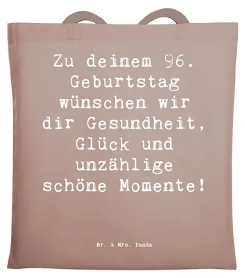Produktbild von Mr. & Mrs. Panda Schultasche Spruch 96. Geburtstag - Braun Pastell - Geschenk, Dankbarkeit, Einkaufstasche, Happy Birthday, Glück, Tote Bag, Laptoptasche, 96 Jahre