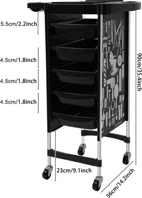 Produktbild von Frisörwagen Salonwagen - 5 Schubladen - 6 Ebenen, 4 Rollen - Metallrahmen, PP Edelstahl - 80 kg Tragkraft - 36x90 cm - Schwarz