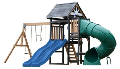 Produktbild von AXI Cody Spielturm aus Holz mit 2 Schaukeln & doppelter Rutsche in Blau & Röhrenrutsche | XXL Spielhaus / Spielplatz für Kinder mit Klettergerüst & Trapez | Schaukelgerüst für den Garten