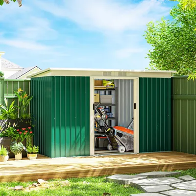 Produktbild von Gerätehaus Metall mit Schiebetür, Geräteschuppen Pultdach, Gartenhaus verzinktes Stahlblech, Dunkelgrün | 280 x 130 x 172 cm | 6,3 m³ | wetterfest