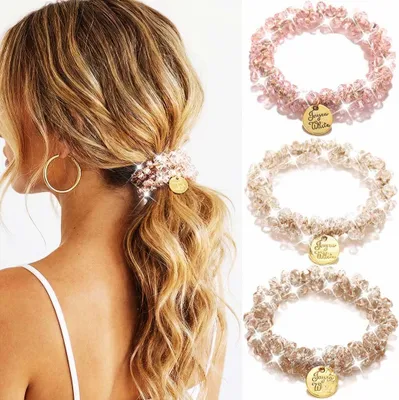 Produktbild von Haargummis mit Strasssteinen und Perlen, elastische Pferdeschwanzhalter in Schwarz, 3 Stück, dehnbare Haarbänder als Haar-Accessoires für Damen (Rosa)