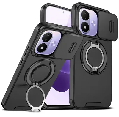 Produktbild von Handyhülle für Xiaomi Redmi Note 17 4G/5G Dual-Layer Stoßfest Militär Hülle mit Dia Kameraschutz, Magnetisch Ring Ständer Schwarz