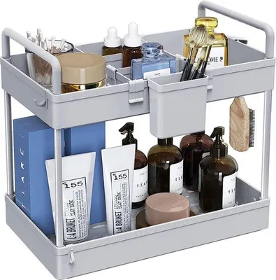 Immagine prodotto di Organizer da bagno grigio 34x22x39 cm con ripiano e porta trucchi