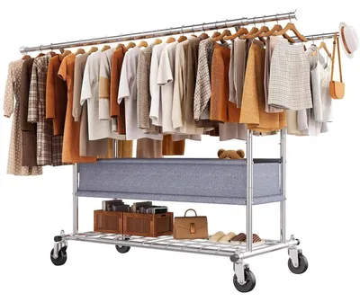 Image de Porte-vêtements sur roulettes, avec double barre, supportant jusqu'à 283 kg, avec étagère et panier à linge, extensible de 121 à 182 cm, hauteur réglable de 162 à 174 cm