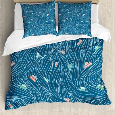 Produktbild von ABAKUHAUS Nautisch Bettbezug, Wellen und Schiffe Cartoon, Milbensicher Allergiker geeignet mit Kissenbezügen, 155 cm x 220 cm - 80 x 80 cm, Petrol Blau Jade-Grün