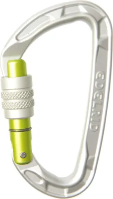 Verschlußkarabiner "Pure Screw" von Edelrid; silber mit grünem Verschlussmechanismus.