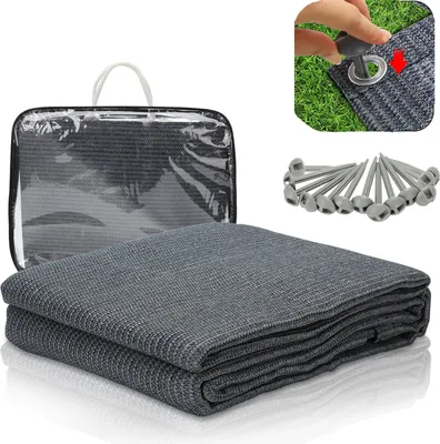 Zdjęcie produktu dla Dywan kempingowy do przednamiotu, wykonany z HDPE, o gramaturze 240 g/m², wymiary 300 x 500 cm, kolor niebiesko-szary, w zestawie dywan i 13 śledzi, odporny na promieniowanie UV i dwustronny