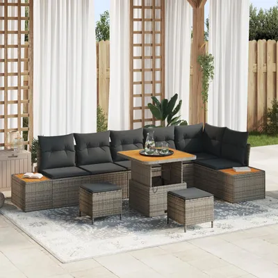 Produktbild von Möbel 9-tlg. Garten-Sofagarnitur mit Kissen Grau Poly Rattan Akazie - Gartensofas 3362933