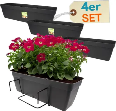Produktbild von 4er Set Blumenkasten Balkongeländer Balkon Blumenkasten Balkonkasten mit Halterung Balkonkasten Geländerkästen Balkonkasten mit Wasserspeicher 60 cm