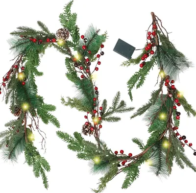 Produktbild von 6 Fuß, künstliche Weihnachtsgirlande mit Beleuchtung und 20 LED-Lichtern, batteriebetrieben mit Kiefernzapfen, roten Beeren, Kiefernnadeln, beleuchtete Weihnachtsgirlanden für die Weihnachtsdekoration am Kaminsims