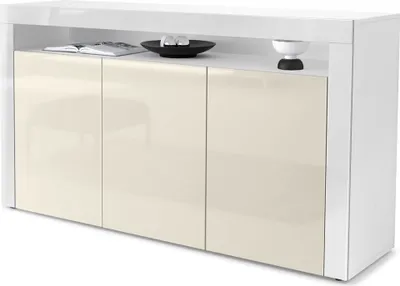 Produktbild von Vladon Sideboard Valencia,  Germany, Kommode mit 3 Türen und 1 offenem Fach, Weiß matt/Creme Hochglanz/Weiß Hochglanz (155 x 92 x 40 cm)