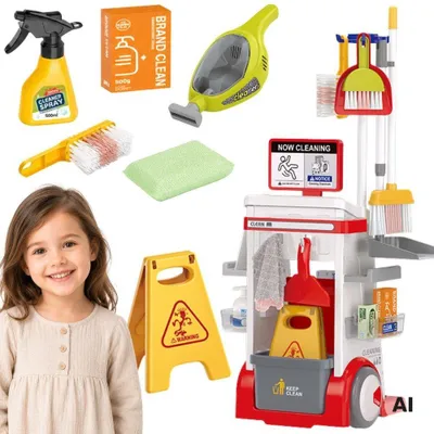 Image de Woopie Kit de Nettoyage pour Enfants Chariot Aspirateur Balai Balai Grands Accessoires 3+