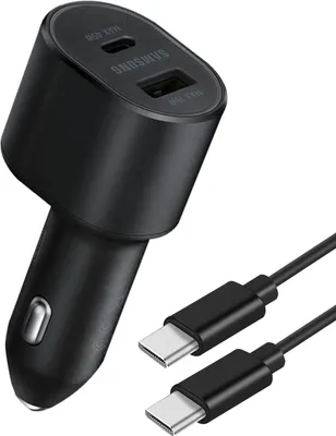A black Samsung car charger and two USB-C cables are shown against a white background.