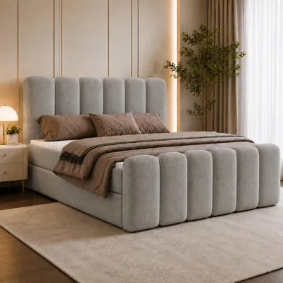 Produktbild von Boxspringbett NOLA 160x200 cm Komplett-Set mit Bettkasten, Bonell-Matratze und Topper, Bouclé Hellgrau