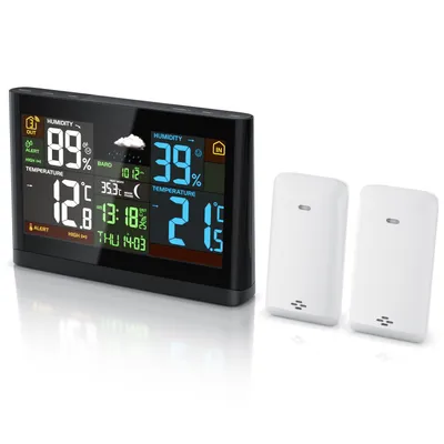 Produktbild von BEARWARE Funkwetterstation mit Farbdisplay, Wetterstation Funk mit 2 Außensensoren, Luftdruck, Temperaturtrend, Wetterprognose