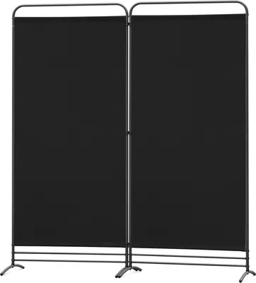 A black, two-panel room divider with a metal frame, shown against a white background.