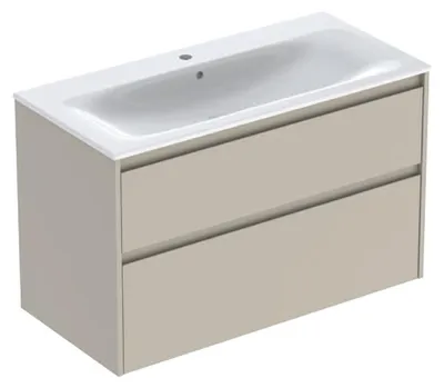 Produktbild von Geberit Renova Plan Set Möbelwaschtisch schmaler Rand, mit Unterschrank, zwei Schubladen: 100x62.1x48cm, Breite Waschtisch=100cm, Waschtisch: weiß / KeraTect, Korpus, Front: sandgrau / lackiert seidenmatt