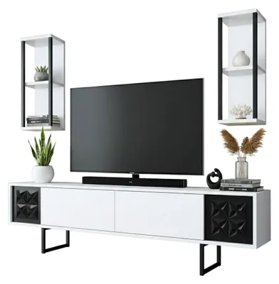 Produktbild von Fernsehschrank Dmiggian, Ständer für Wohnzimmerfernseher, Niedriges Wohnzimmer-Sideboard, TV-Ständerbasis, 180x30h48 cm, Weiß und Schwarz