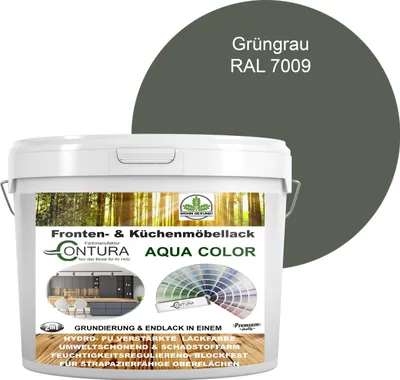 Produktbild von 2 Liter + Anlauger - Contura Küchenmöbellack RAL Möbellack SEIDENMATT SET Möbelfarbe Holzlack Buntlack Küchenlack - RAL 7009 Grüngrau