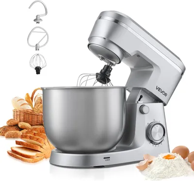 Zdjęcie produktu dla Robot kuchenny VEVOR do wyrabiania ciasta, mikser do ciasta o mocy 1500 W z misą ze stali nierdzewnej (5,7 l), hakiem do ciasta, ubijaczką i trzepaczką, 10-biegowy mikser stojący z regulacją nachylenia