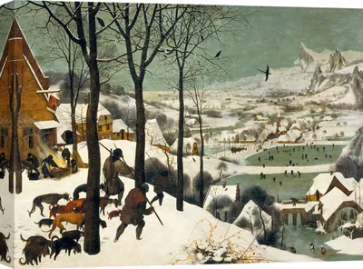 Obrázok produktu pre Umelecká tlač na plátne - Pieter Bruegel starší, Lovci na snehu - 120x90 cm
