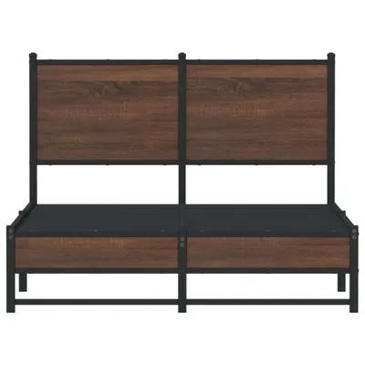A product shot of a metal bed frame with a wood-look headboard.