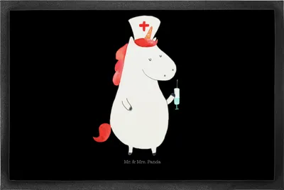 Produktbild von Mr. & Mrs. Panda Bodenvorleger Einhorn Krankenschwester 50 x 75 cm - Schwarz - Geschenk, Schmutzfangmatte, Eingangsmatte, Krankenpflegerin, fußmatte, Ärztin, Schmutzmatte