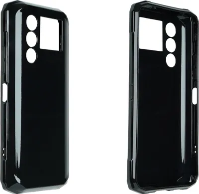 Two black phone cases shown from different angles against a white background.