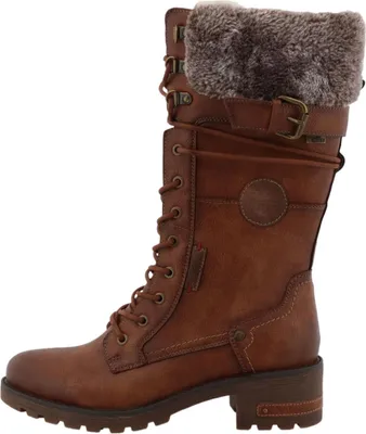Das Bild zeigt einen braunen Stiefel der auf der linken Seite abgebildet ist. Die Oberfläche des Stiefels wirkt glatt und hat eine klassische Form mit einer moderaten Höhe.
