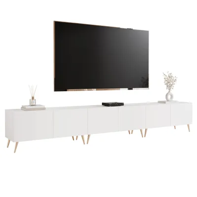 Produktbild von Idohome TV Lowboard Angel 300 cm Weiß Matt– TV-Schrank mit LED-Beleuchtung, Fernsehschrank auf goldfarbenen Metallbeinen, Medienmöbel, Push-to-Open