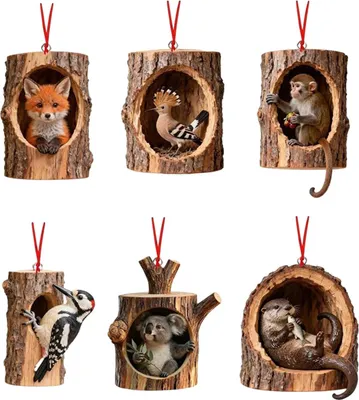 Produktbild von 6-teiliges Set Weihnachtsbaumschmuck mit Waldtiermotiven: Eichhörnchen, Affe, Koala – Acryl-Hängeornamente für die Weihnachtsdekoration