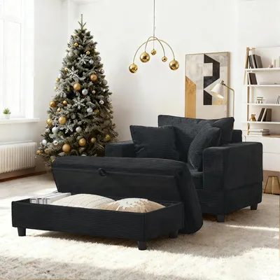 Produktbild von Chaiselongue mit Fussablage, Stauraum, 3 Kissen, Lounge-Sofa, 107 x 74 x 57 cm, Schwarz