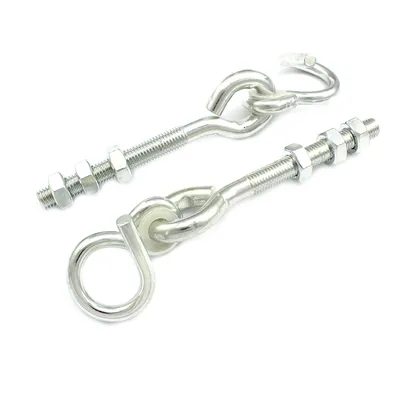 Two metal swing hooks with nuts and bolts against a white background.