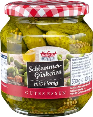 Produktbild von Hofgut Schlemmer Gürkchen mit Honig im Glas Gutes Essen 580ml