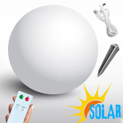A white sphere light with accessories and a remote control, set against a light gray and white background with a solar graphic.