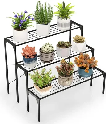 Image de Étagère à plantes/étagère à fleurs - Support métallique à 3 niveaux - En forme d'escalier - Capacité de charge jusqu'à 30 kg - Pour pots de fleurs - À monter soi-même - Noir