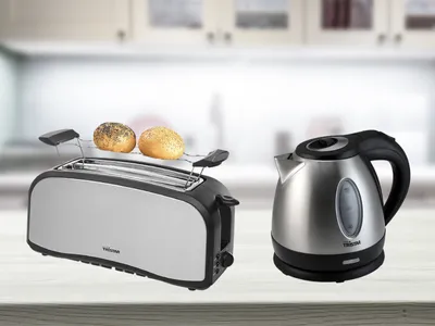 Produktbild von Edelstahl 2in1 Frühstücksset Silber 1,2Ltr Wasserkocher 4er Doppelschlitztoaster