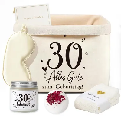 Immagine prodotto di Set regalo per il 30° compleanno da donna, con borsa in tela effetto vintage, candela profumata, bomba da bagno, calzini, mascherina per gli occhi, biglietto di auguri, tazza con cucchiaino, colore beige
