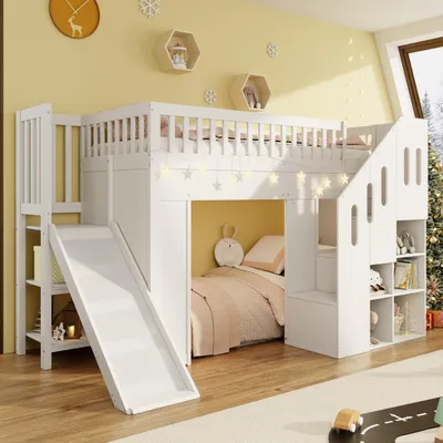 Zdjęcie produktu dla Łóżko piętrowe 90 x 200 cm ze zjeżdżalnią, barierką ochronną, schodami ze schowkiem, listwą LED, stelażem, litego drewna, białe