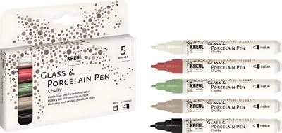 A set of KREUL Glass & Porcelain Pens in chalky finish, shown both in their packaging and individually.