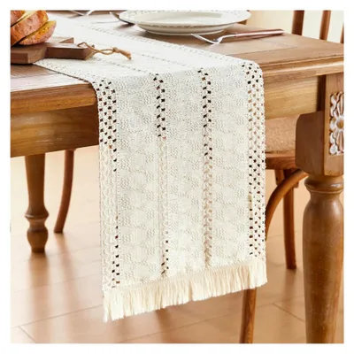 Produktbild von Boho Tischläufer Beige 30 x 180 cm im Landhausstil, abwaschbar, Tischdeko für Küche, Vintage Bauernhaus, Esstisch, Urlaub, Party, Hochzeit