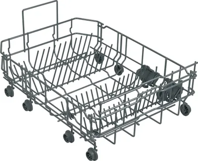 A dishwasher rack with wheels.